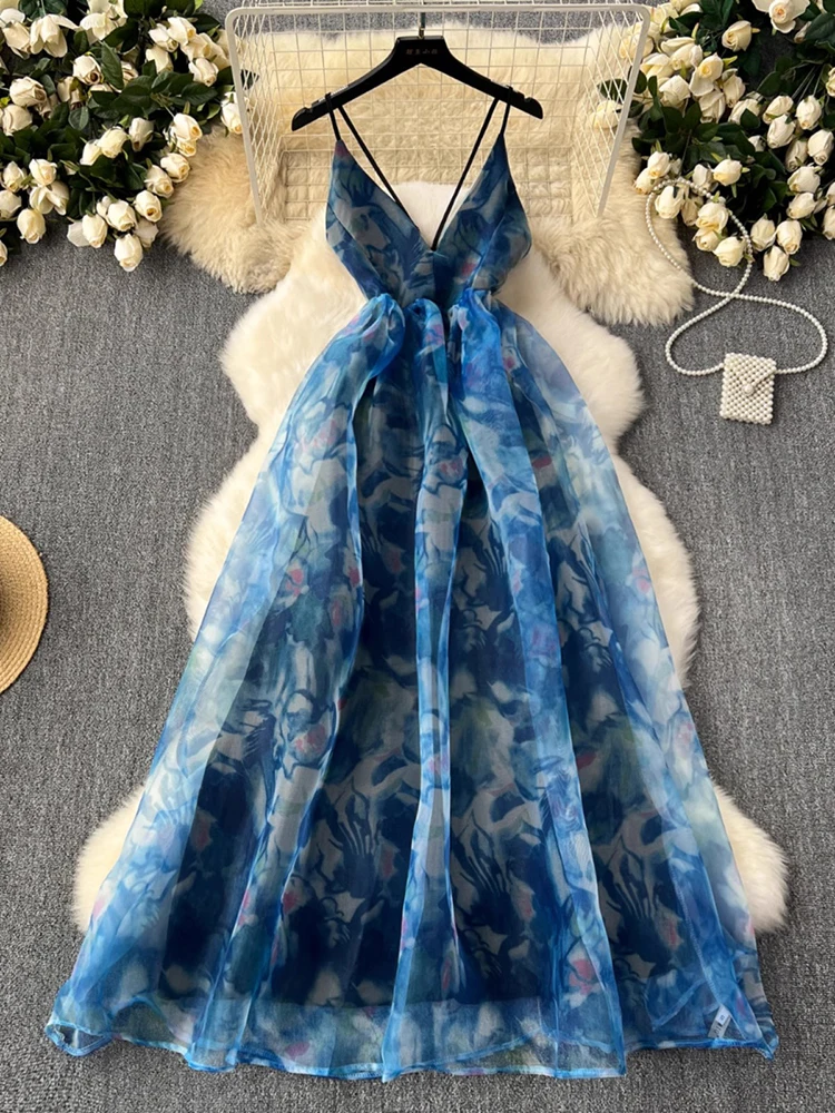 2023 neue Sommer Ärmellose Tiefem V-ausschnitt Sexy Kleid Elegante Hohl Backless Blau Abendkleid Vintage Damen Gedruckt Langes Kleid