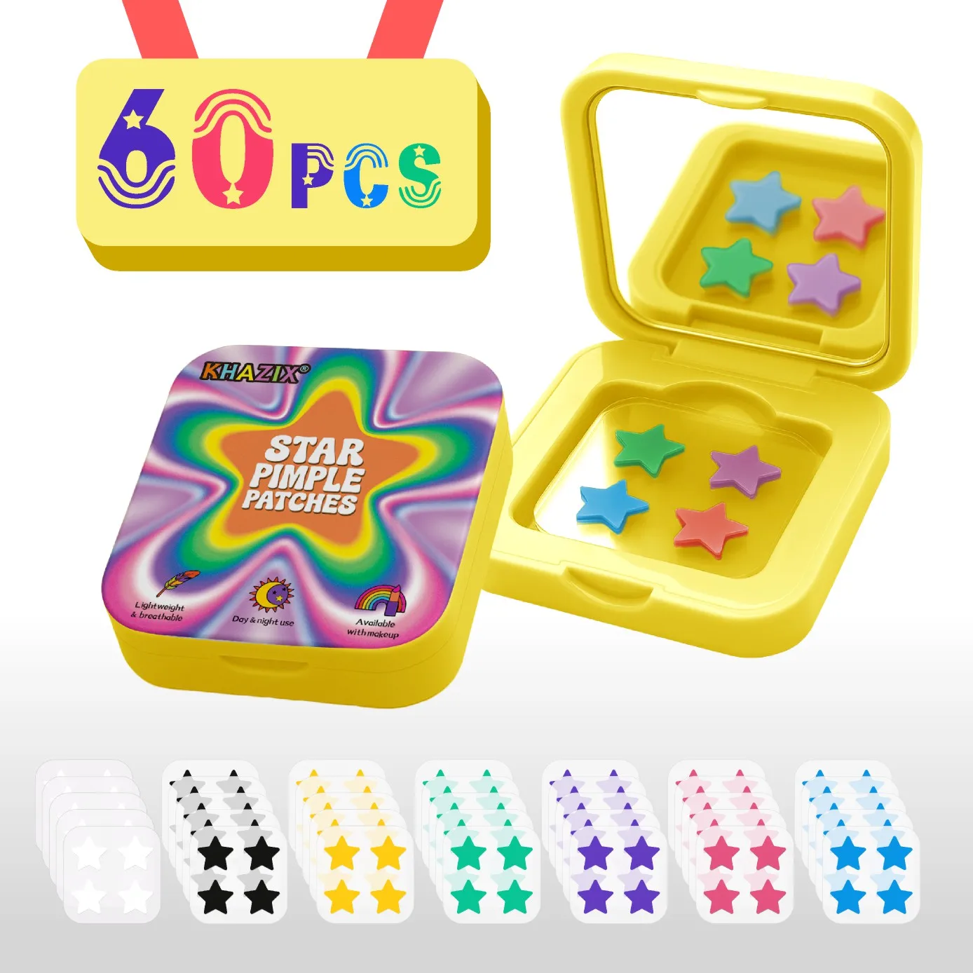 60 Stück mehrfarbige Stern-Akne-Pflaster werden mit einem Schminkspiegel geliefert. Tragen Sie es jederzeit, um Ihr Make-up zu berühren. Bunt Image