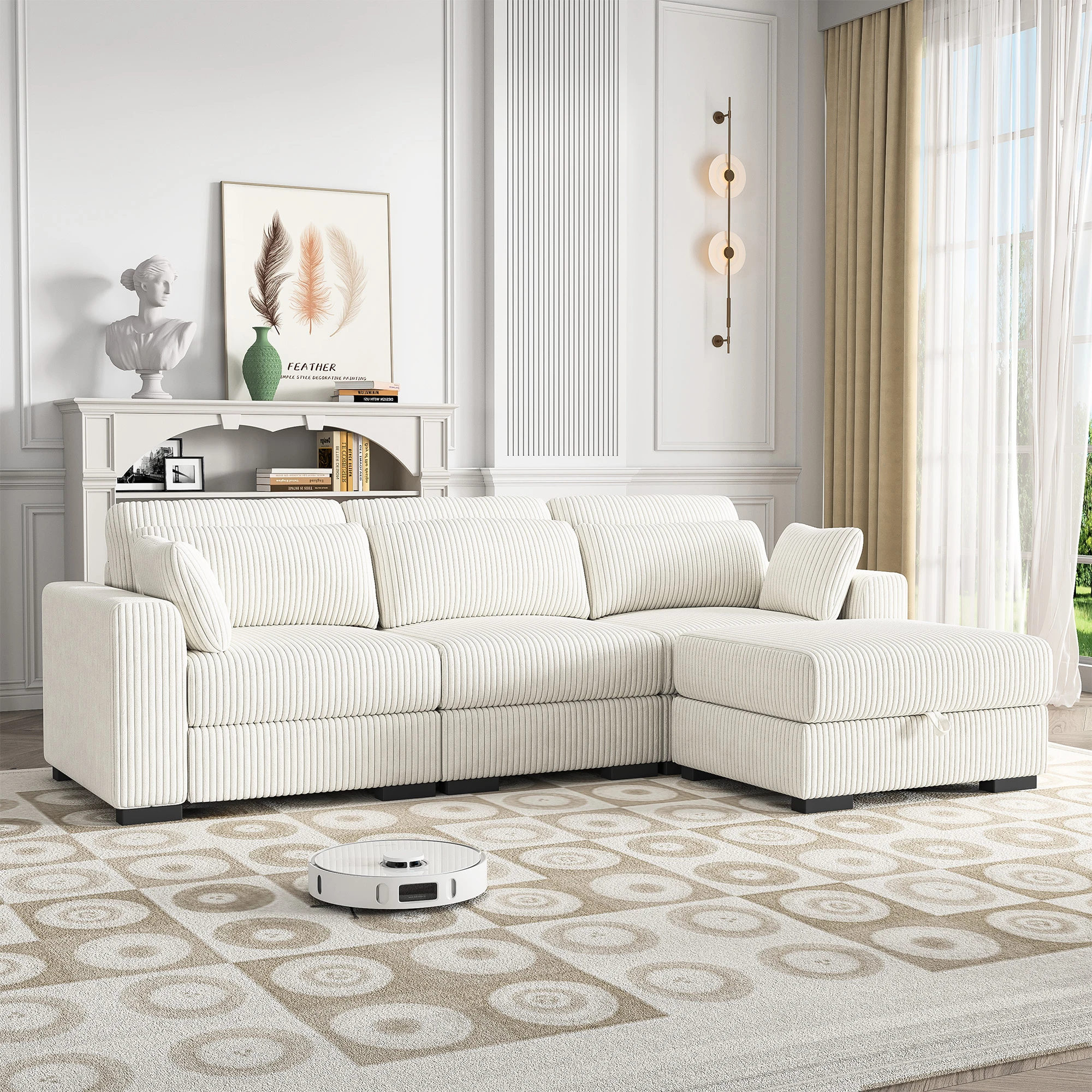 Modulares 3-Sitzer-Cordsofa mit Fußstütze mit Stauraum, modernes Ecksofa mit gepolsterten Armlehnen und Rückenlehne für Wohnzimmer, Schlafzimmer und Büro