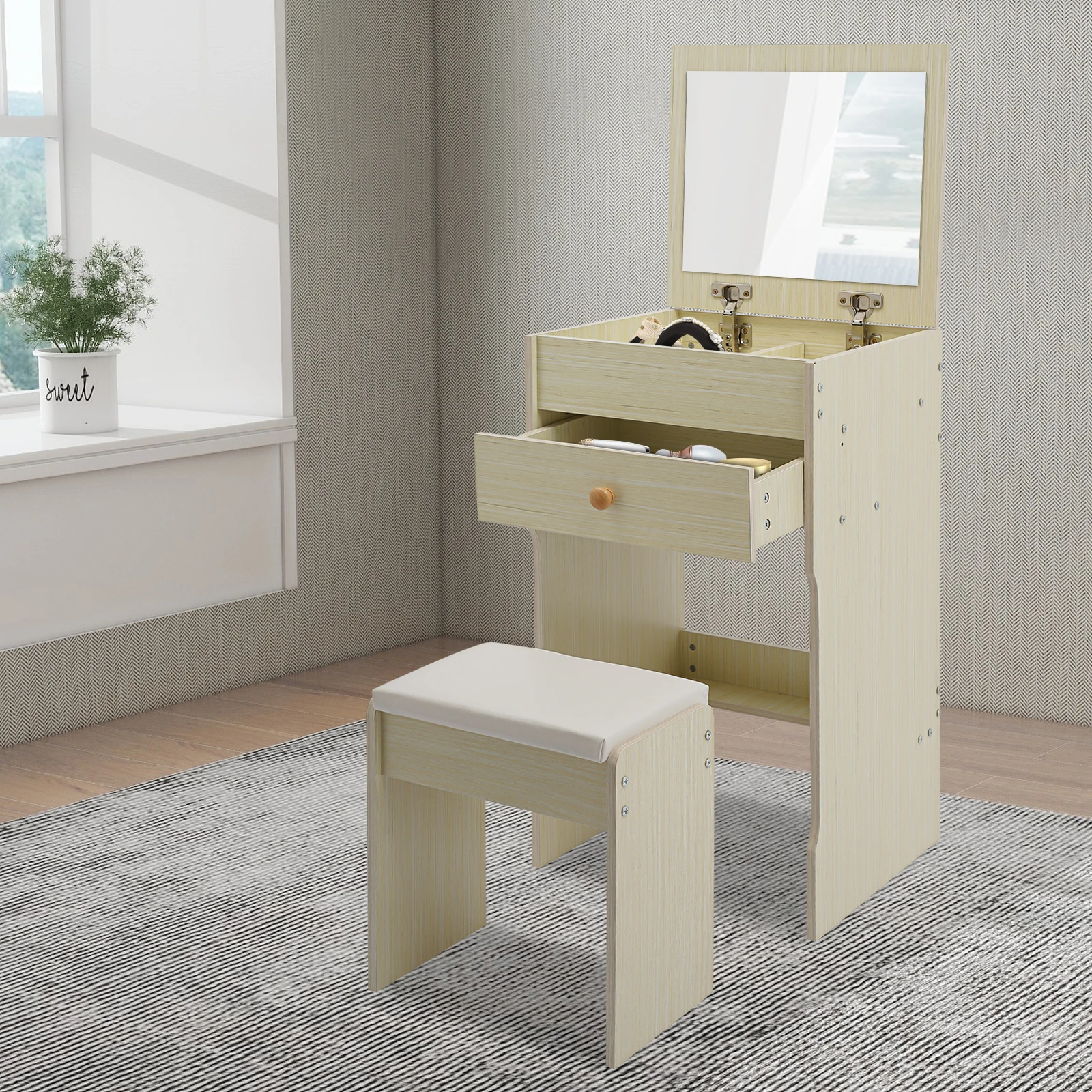 40CM Schminktisch mit Spiegel Kompakter Make-up-Tisch mit Aufbewahrungsfächern und Hocker Frisiertisch für Schlafzimmer