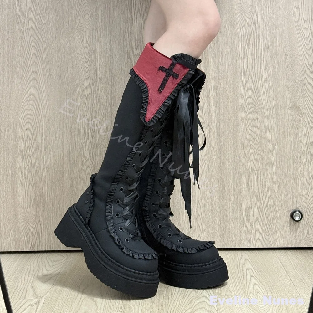 Gothic-Plattform-Kniehohe Stiefel für Damen, Lolita, faltbar, Kreuzgebunden, Kreuzform, runde Zehen, klobiger Absatz, lange Stiefel 2026, schwarze Stiefel