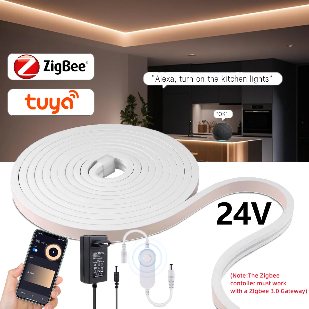 Tuya Zigbee Dimmbares LED-Streifenband Schrankbeleuchtung 24V Ra90 Wasserdicht 320LEDs/m Smart APP Sprachsteuerung Flexibles Band Neon-Lichtband