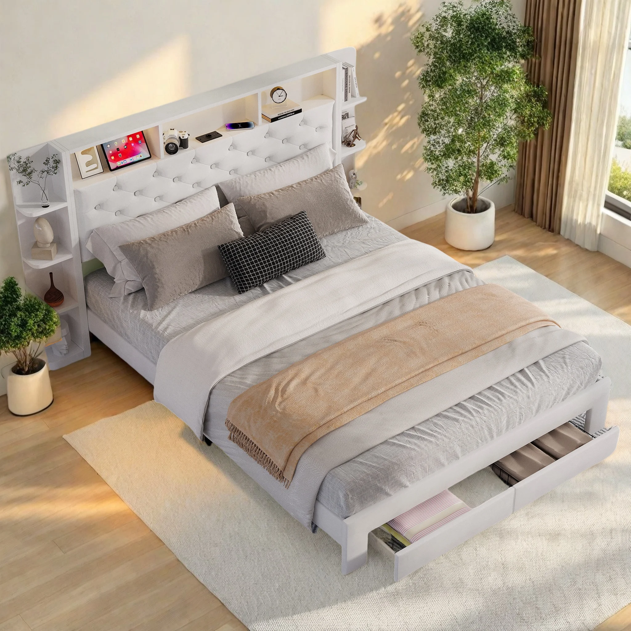 Anajqaqia 160x200cm Polsterbett, Jugendbett mit 2 Schubladen und Stauraum im Kopfteil, mit LED-Beleuchtung und USB-Ladefunktion, Samt Image