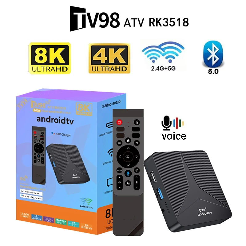 TV98 ATV RK3518 TV-Box Dual-WLAN 4G 5G BT5.0 HD 8K 4K RK3518 CPU Sprachfernbedienung Smart Android 14 IPTV Set-Top-Box IPTV-Streaming Image