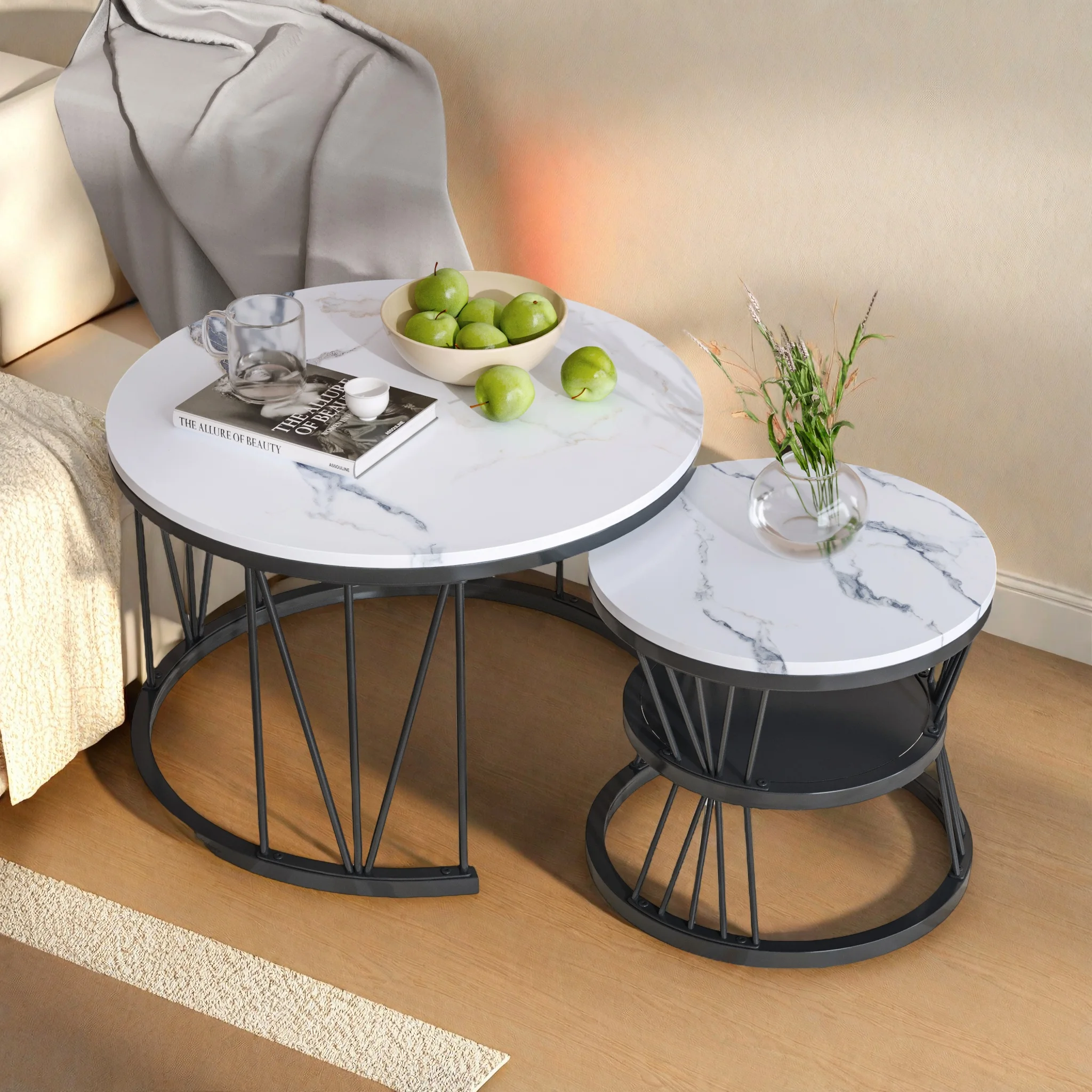 Anajqaqia Set aus 2 Beistelltischen, Couchtischen, Moderner Runder Wohnzimmer-Beistelltisch, mit Stauraum und Goldenem Metallrahmen Image