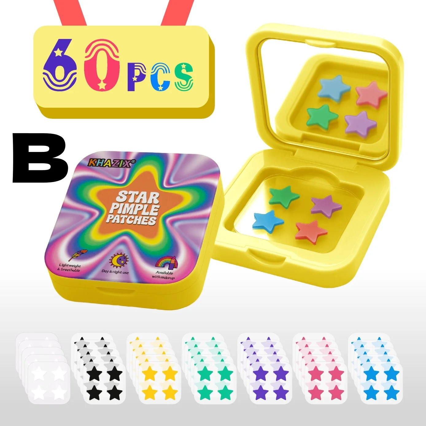 60 Stück mehrfarbige Stern-Akne-Pflaster werden mit einem Schminkspiegel geliefert. Tragen Sie es jederzeit, um Ihr Make-up zu berühren. Bunte s Image