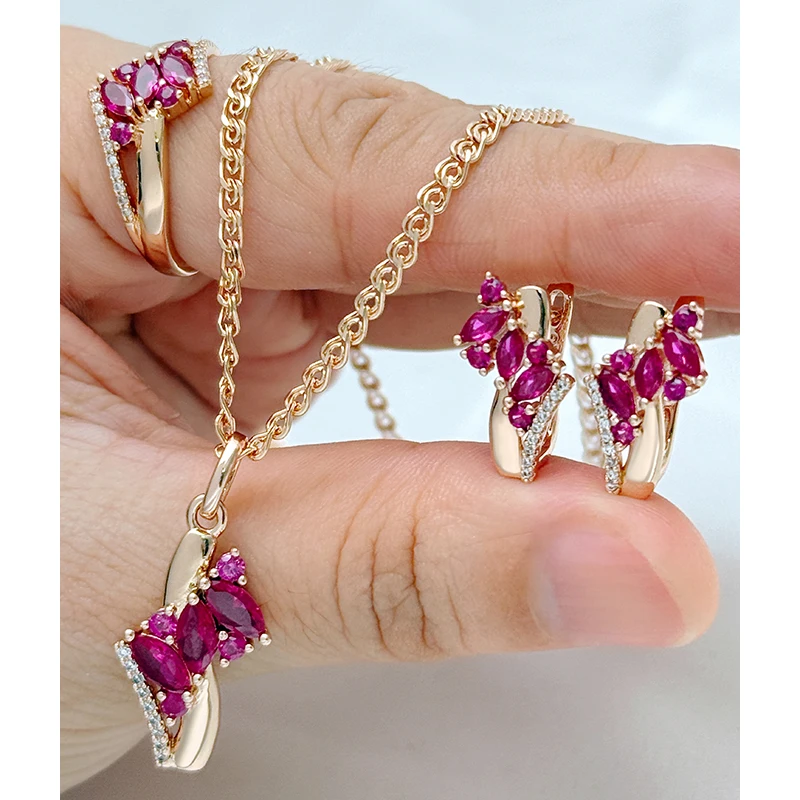Kinel 585 Rose Gold Farbe Ethnische Vintage Frauen 3 stücke Schmuck Sets Shiny Rot Natürliche Zirkon Ring Ohrringe Halskette Täglichen schmuck