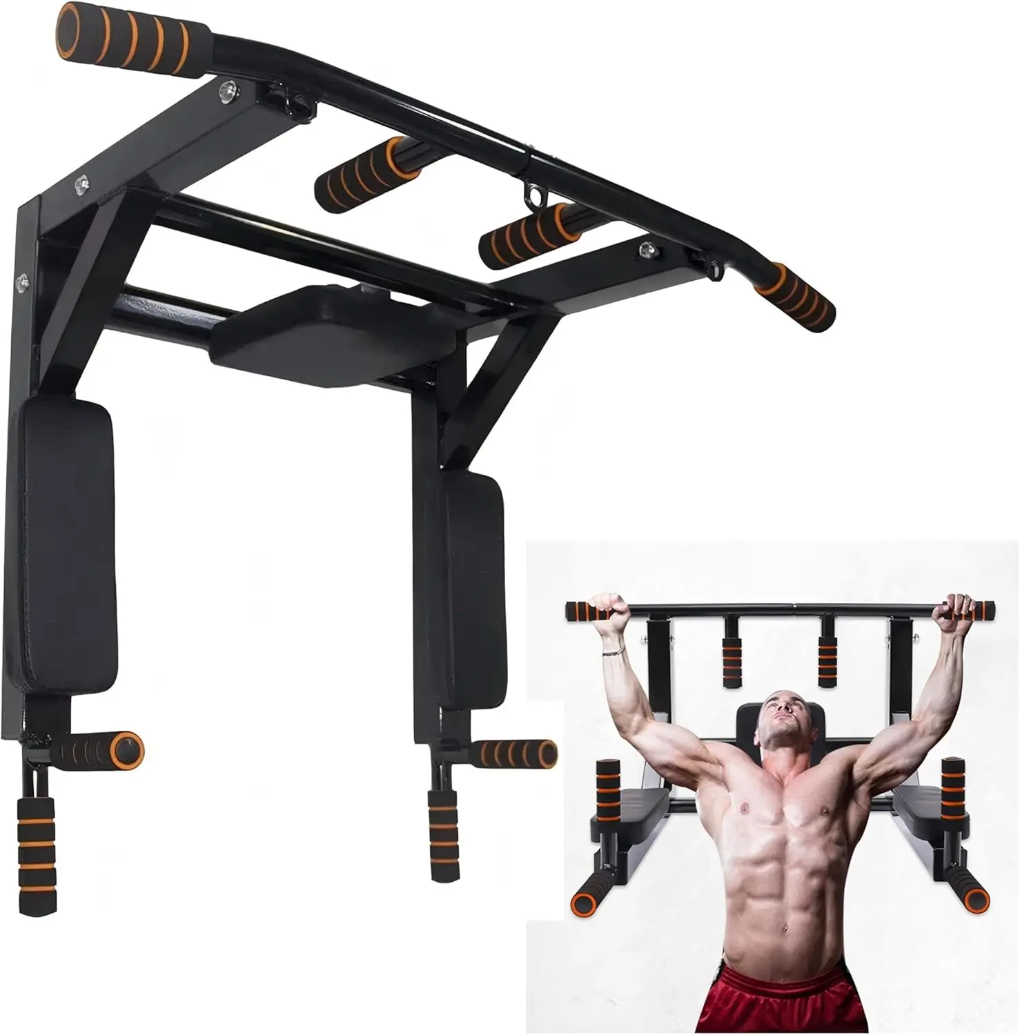 Multifunktionale Klimmzugstange mit Dip-Station, Wandmontierte Klimmzugstange, Fitnessgerät für Heimgymnastik - Schwarz Image