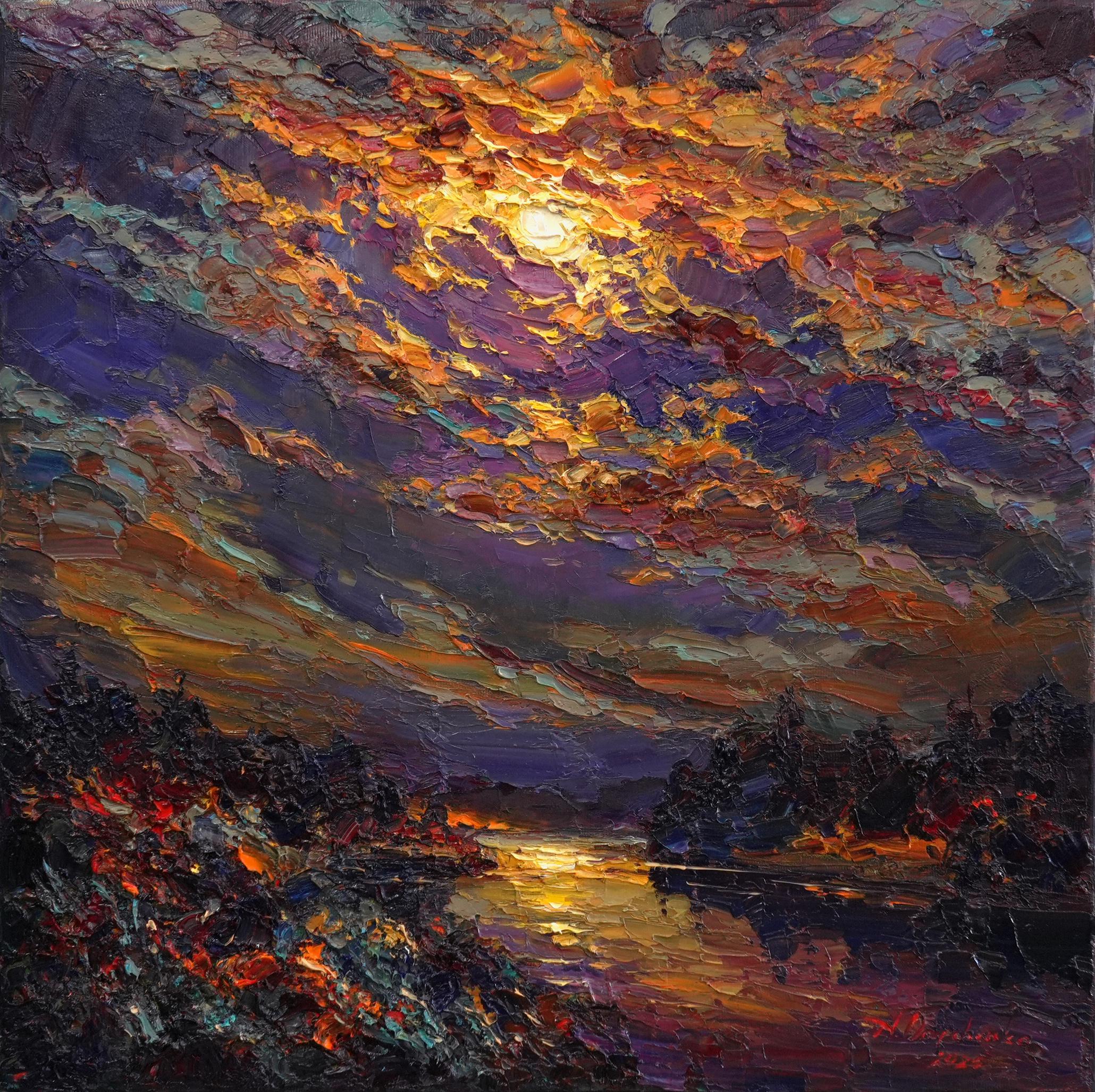 Dipinto a olio originale Paesaggio al chiaro di luna - Arte murale con cielo notturno, dipinto a spatola Paesaggio fluviale notturno