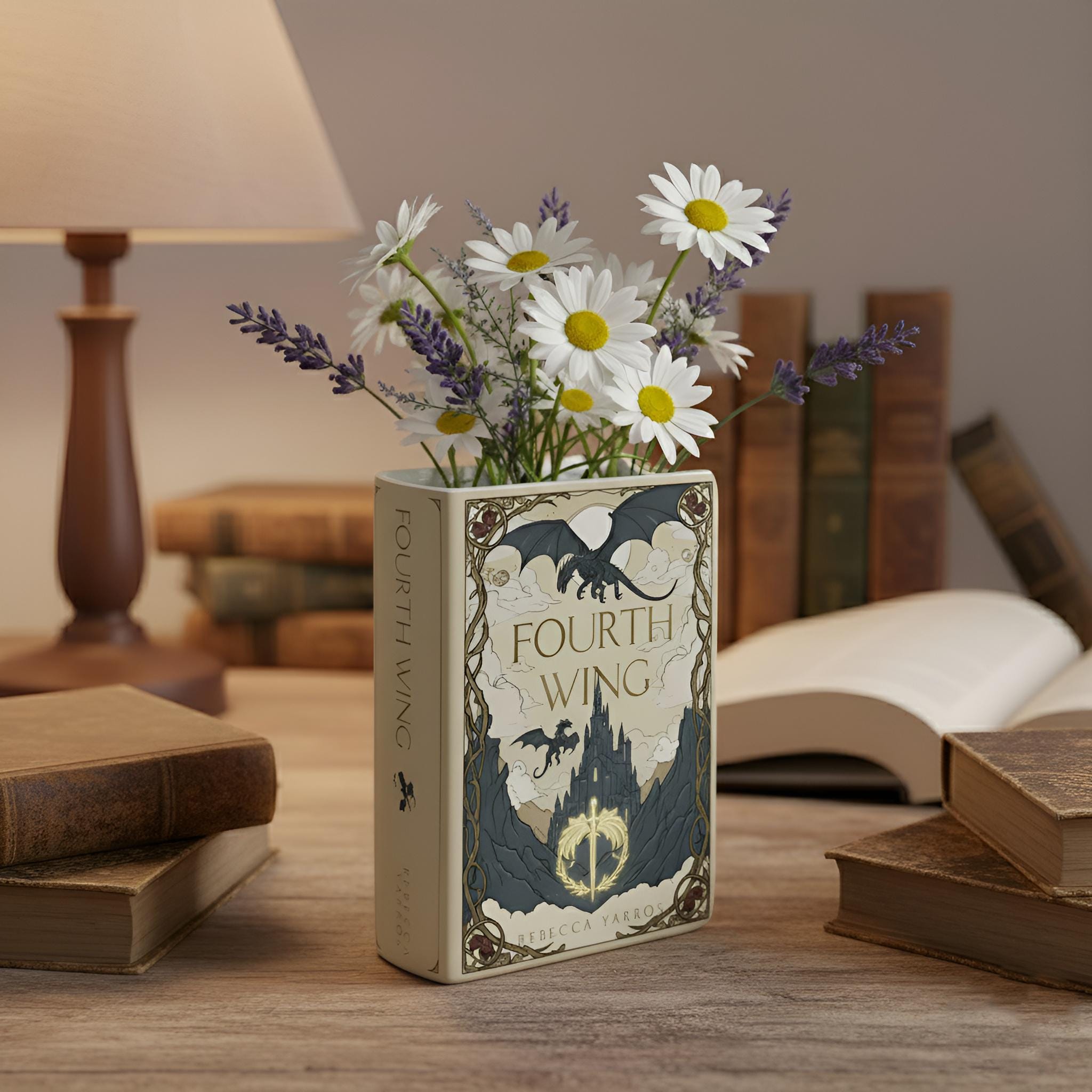 Vaso a forma di libro con quarta ala, vaso a forma di libro con drago, vaso di fiori fantasy a tema libri, regalo per amanti dei libri, decorazione co