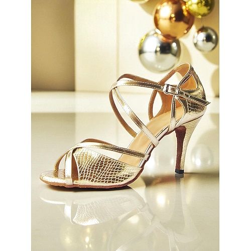 Rote, metallisch glänzende Latein-Tanzschuhe für Damen – professionelle Salsa-Tango-Sandalen mit Riemchendesign und hohem Absatz für Wettbewerbe oder Auftritte Image