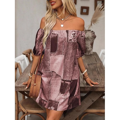 Damen Minikleid Sommerkleid Freizeitkleid Druckkleid Mode Modern Outdoor Urlaub Ausgehen Normale Passform Farbblock Kurzarm Schulterfrei Burgunderrot Königsblau Sommer Frühling Image