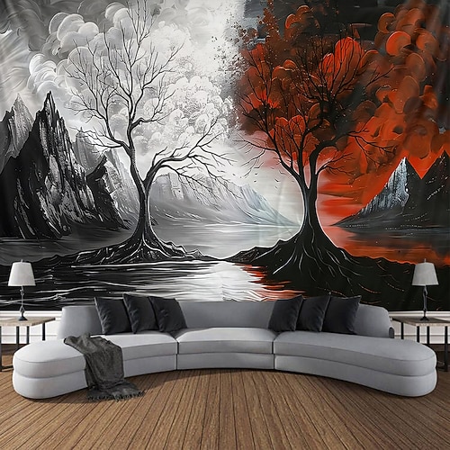 Abstrakter, surrealer Wandteppich „Baum des Lebens", rot-schwarz, monochrom, zwei Welten, Kunstwandbild, großer Wandbehang, moderne Ästhetik, Wohnzimmerdekoration, Hintergrund Image