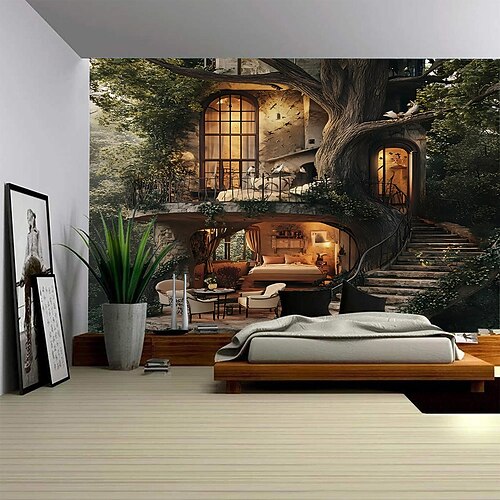 Moderner Wandteppich mit Waldlandschaft, Digitaldruck, Holzleiter, malerisches Wandbild für Schlafzimmer, Wohnzimmer, Studentenwohnheim, Heimdekoration, Fotohintergrund Image
