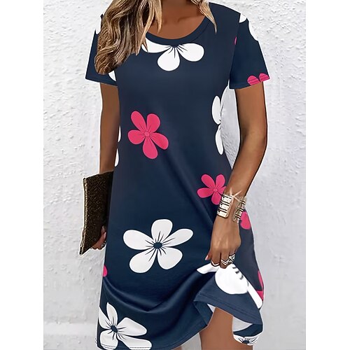 Damen Midikleid Shiftkleid T-Shirt-Kleid Sommerkleid Lässig Täglich Normale Passform Blumen Grafik Kurzarm Rundhalsausschnitt Schwarz Marineblau Sommer Frühling Image