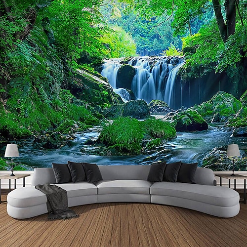 3D-Wandteppich mit Wasserfall- und Waldlandschaftsmotiv, großflächig, grün, mit herabstürzendem Wasser, als Wandbehang für Schlafzimmer oder Wohnzimmer. Image