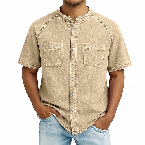 SoftFade™ Herrenhemd Freizeithemd Button-Up Hemd 100% Baumwolle Acid Wash Hemd Schwarz Hellgrün Rosa Lila Khaki Kurzarm Einfache Grandad-Kragen Freizeit Tägliche Fronttasche Bekleidung Image