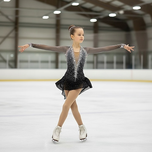 Eiskunstlaufkleid Mädchen Eislaufen Kleid Schwarz Patchwork Offener Rücken Dehnbar Training Wettbewerb Eiskunstlaufkleidung Klassisch Kristall / Strass Langarm Eislaufen Eiskundstlauf Image