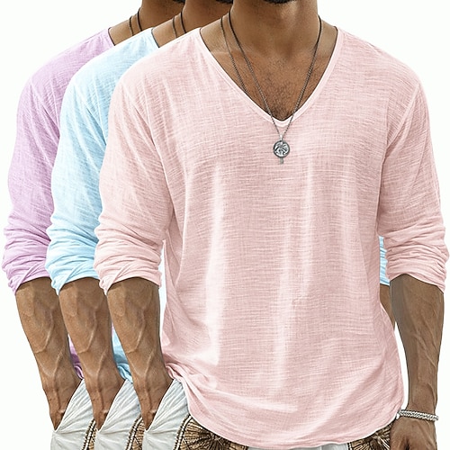 3-teiliges Herren-T-Shirt-Set, Leinen-T-Shirt, langärmelig, V-Ausschnitt, Sommer, Frühling Sommerliches, einfarbiges, schlichtes 3-teiliges Set im Streetstyle-Look für Herren – lässiges Oberteil und Image