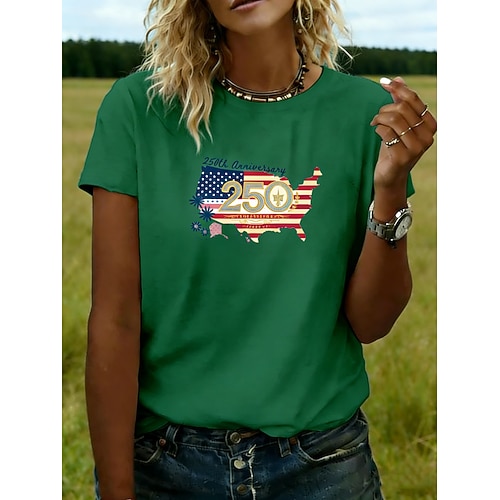 Amerikanischer Unabhängigkeitstag Damen T Shirt T-Shirt Druck Grafik Amerikanische Flagge Stilvoll Klassisch Lässig Kurzarm Rundhalsausschnitt Normale Oberteile Täglich Ausgehen Wochenende Blau Image