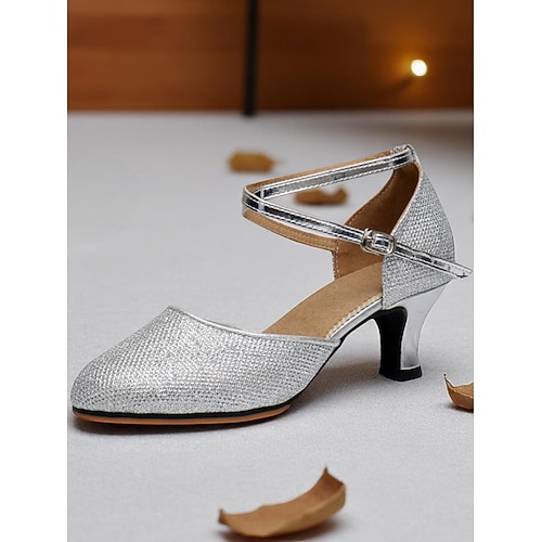 Professionelle Glitzer-Mesh-Tanzschuhe für Damen mit goldenen Metallic-Akzenten und verstellbarem Knöchelriemen für Standard- und Lateintänze Image