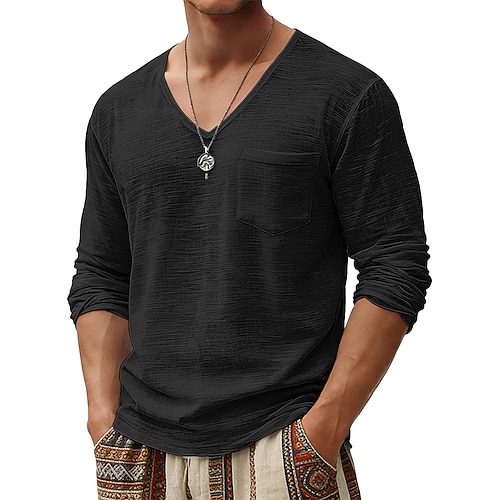Herren T-Shirt Leinen-T-Shirt Langarm V Ausschnitt Sommer Frühling Frühling Sommer Einfarbig Einfach Täglich Lässig Streetstyle Rein Lässig Outdoor Straße Hellblau Schwarz Violett Top T-Shirt für Image