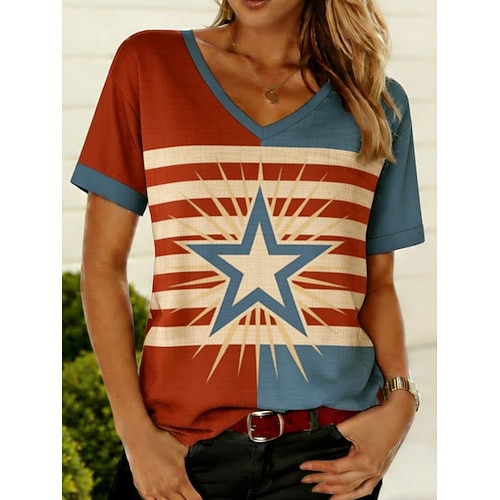Amerikanischer Unabhängigkeitstag Damen T Shirt T-Shirt Druck Grafik Nationalflagge Stilvoll Klassisch Lässig Kurzarm V Ausschnitt Normale Oberteile Täglich Ausgehen Wochenende Blau Rote Khaki Sommer Image