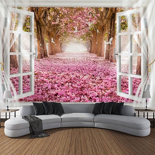 3D-Wandteppich mit Blick aus dem Fenster auf ein Naturfenster, lila Mohnblumenfeld, Sonnenuntergangslandschaft, ästhetischer Wandbehang für Schlafzimmer und Wohnzimmer, Hintergrundkunst, Wandbild Image
