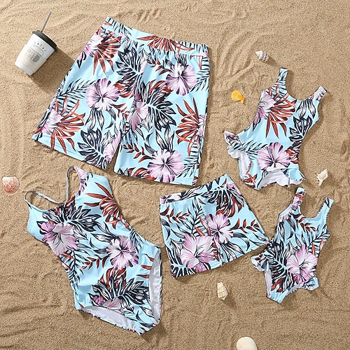 Familie Badeanzug Jumpsuit Blumen Grafik Lässig Gerafft Blau Ärmellos Aktiv Passende Outfits Image