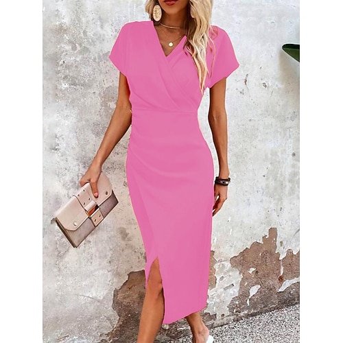 Damen Midikleid Figurbetontes Kleid Halbformelle Kleider Büro Normale Passform Einfach Kurzarm V Ausschnitt Blau Gelb Rosa Wein Sommer Frühling Image