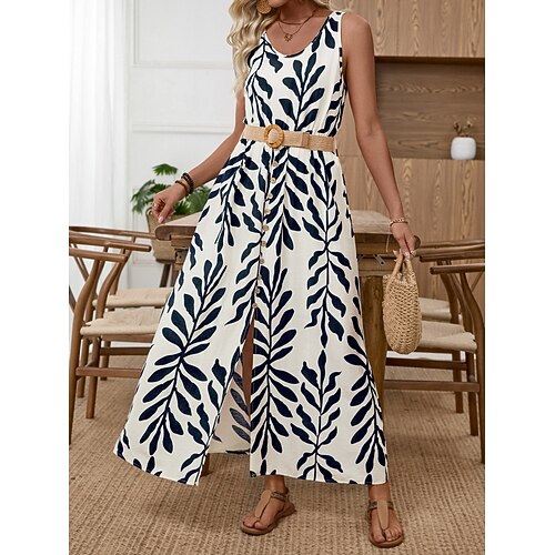 Damen Maxikleid A Linie Kleid Urlaub Lässig Outdoor Ausgehen Normale Passform Blatt Ärmellos Rundhalsausschnitt Marineblau Sommer Frühling Image