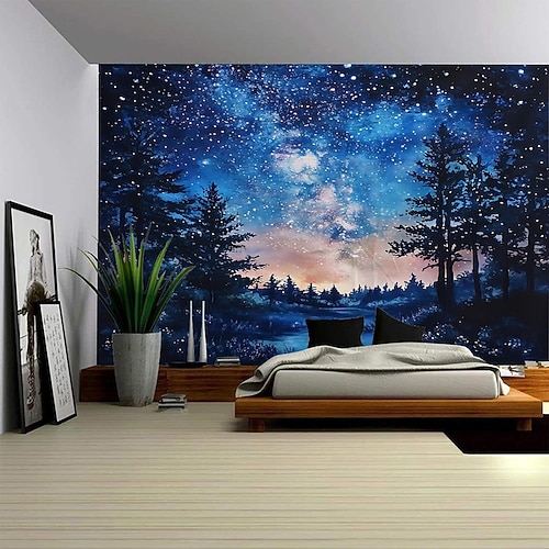 Moderner Wandteppich mit Sternenhimmel und Waldlandschaft, digitaler Druck, malerischer Wandbehang für Schlafzimmer, Wohnzimmer, Studentenwohnheim, Heimdekoration, Fotohintergrund Image