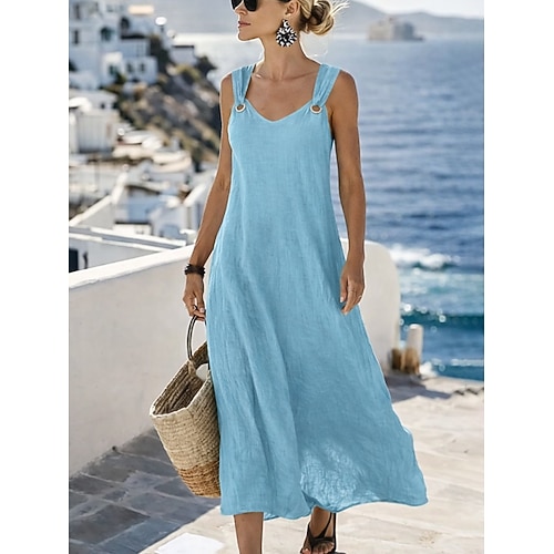 Damen Maxikleid Kleider in Leinenoptik A Linie Kleid Sommerkleid Lässig Täglich Lässiger Schnitt Einfach Ärmellos V Ausschnitt Blau Schwarz Weiß Gelb Sommer Image