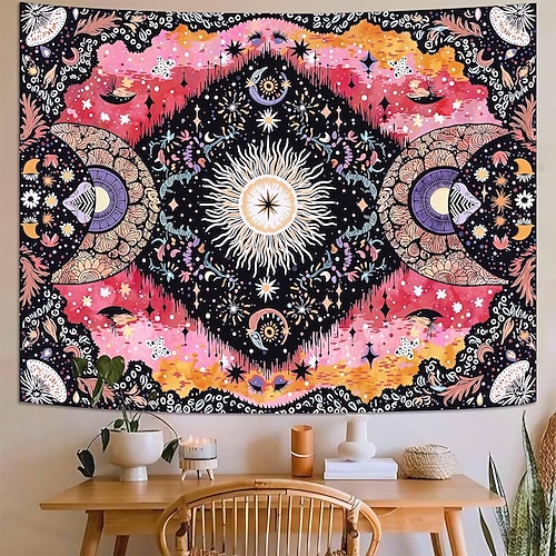 Mystischer Wandteppich mit Sonnengesicht, Pilzmotiv, Mondphasen, Kristallen, Farnen und psychedelischer Ästhetik – ideal für Schlafzimmer und Wohnzimmer. Image