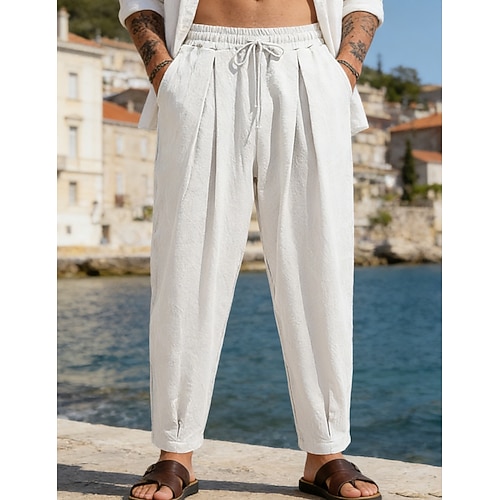 Herren Leinenhosen Sommerhose Strandhose Kordelzug Tasche Einfach Bequem Atmungsaktiv Volle Länge Täglich Heim Outdoor Urlaub Einfach Schwarz Weiß Unelastisch Image