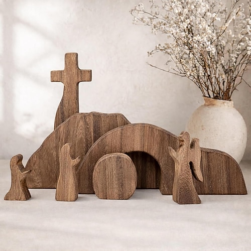 Osterdekoration: Leeres Grab mit Kreuz, hölzernes Oster-Auferstehungs-Set, Krippenszene für christliche Dekoration zu Hause, Büro oder auf dem Tisch – ein ideales Geschenk. Image