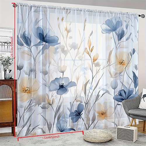 Nordische minimalistische Fenstergardinen mit botanischem Blumenmuster, 2-teiliges Set aus Polyester mit Stangendurchzug, florale Vorhänge für Schlafzimmer, Wohnzimmer, Heimdekoration, Image