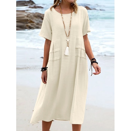 Damen Midikleid A Linie Kleid Sommerkleid Lässig Täglich Lässiger Schnitt Einfach Kurzarm Rundhalsausschnitt Blau Gelb Rosa Orange Sommer Image