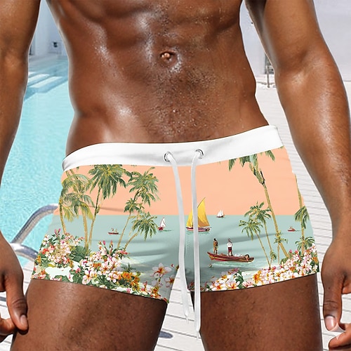Herren Kokospalme Blumendruck Tropische Blumen Badeshorts Boardshorts Mittlere Taille Hawaiianisch Strandurlaub Kordelzug mit Mesh-Futter Elastischer Bund Designer Bekleidung Image