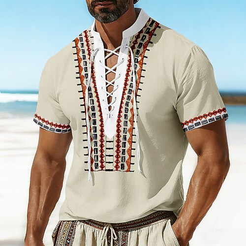 Herren Geometrisches Muster Ethnisch Hemd Piratenhemd mit Schnürung Pullover-Shirts Kurze Ärmel Vintage-Retro Alltagstauglich Strandurlaub Sommer Frühling Stehkragen 3D-Druck Mittelalterlich Hemd mit Image