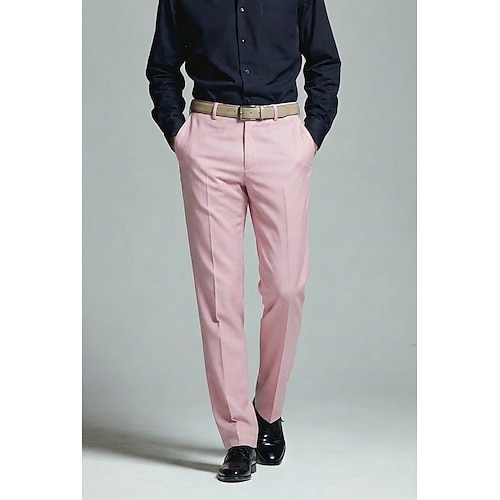 Herren Baumwolle Leinen Anzughose Freizeithose Heim Streetwear Elegant Leicht Alltagstauglich Rosa Dunkelmarine Frühling Sommer Hosen Einfarbig Figurbetonter Schnitt Lang Unelastisch Image