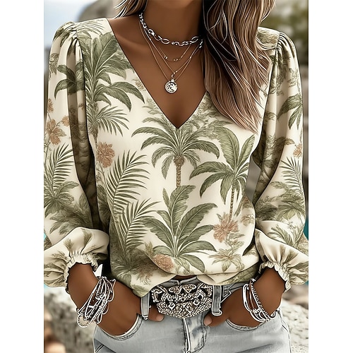 Damen Bluse Blumen Täglich Stilvoll Lässig Langarm V Ausschnitt Normale Oberteile Täglich Salbeigrün Weiß Hellgrün Rosa Rote Sommer Frühling Herbst Image