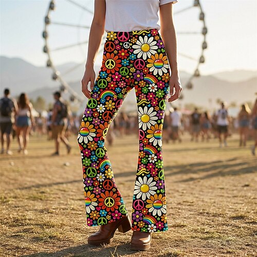 Retro Vintage Boho 1970er Hose Schlaghosen Hippie Disco Hohe Taille Blumen Friedenssymbole Kostüm Damen Halloween Karneval Musikfestival Retro-Mottoparty Erwachsene Hose Image