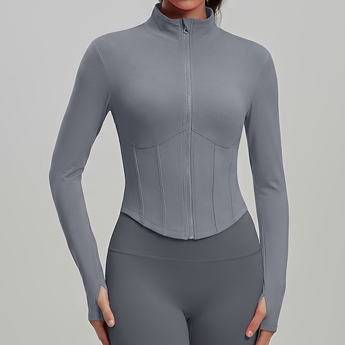 Damen Einfarbig Laufjacke Outdoorjacke Sportjacke Sommer Frühling Herbst Vollreißverschluss Schlank Langarm Schnelltrocknend Leicht Elastisch Atmungsaktiv Fitnessstudio Laufen Übung Schwarz Weiß Rote Image