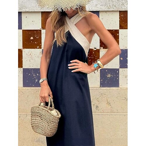 Damen Maxikleid Sommerkleid Freizeitkleid Neckholder-Kleid Elegant Mode Modern Outdoor Urlaub Ausgehen Lässiger Schnitt Einfach Ärmellos Neckholder Schwarz Weiß Marineblau Sommer Frühling Image