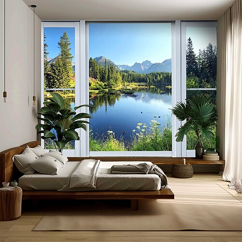 3D-Wandteppich mit Naturmotiv: Fensterblick, schneebedeckter Bergsee, Spiegelung – eine ruhige Landschaftsdekoration für Schlafzimmer, Wohnzimmer oder Büro. Image