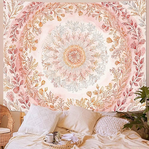 Wandteppich mit pastellrosa Aquarellblumen-Mandala, ästhetischer Pfirsichblütenkranz, Boho-romantische Schlafzimmerdekoration, Mädchenzimmer-Hintergrund Image