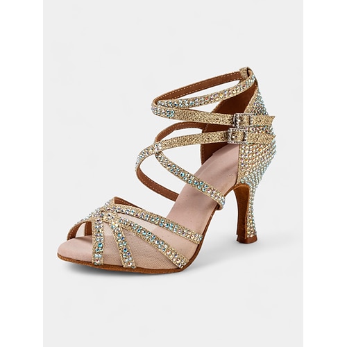 Damen-Mesh-Latein-Tanzschuhe mit Kristallriemen – ideal für Gesellschaftstanz und Salsa Image