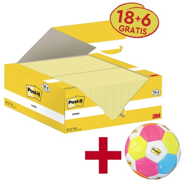 Post-it Notes 18+6 Vorteilspack Haftnotizen 38 mm x 51 mm »Notes«, 24 Stück inkl. Fußball »Pos gelb