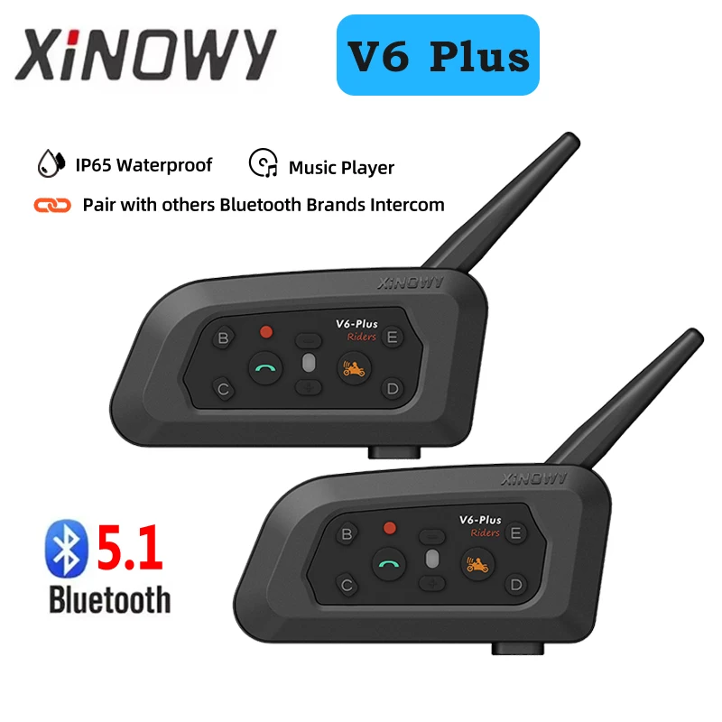 XiNowy V6 Plus Motorradhelm Bluetooth-Headset IP65 Wasserdicht 2 Intercom-Modi Geräuschunterdrückung Typ-C Mehrgruppen-Chat MP3 Image
